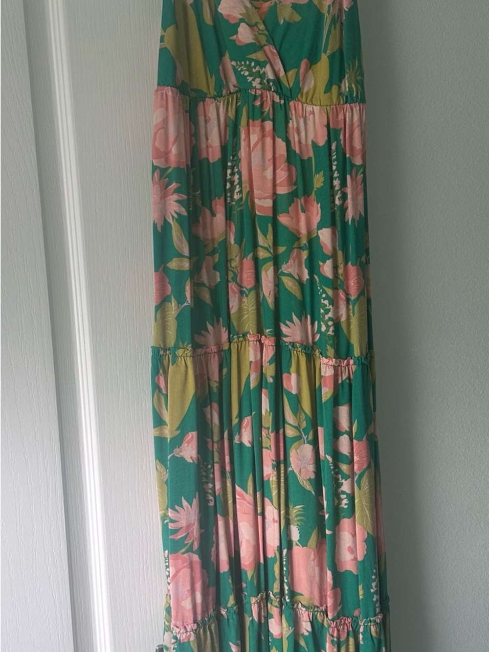 Green Floral Tiered Maxi Skirt - Pink & Green